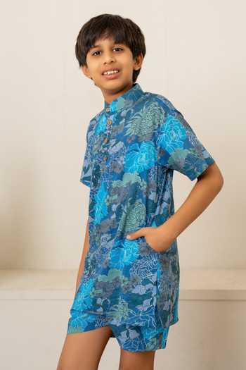 Pomcha Jaipur_Blue Cotton Printed Shirt With Shorts _Online
