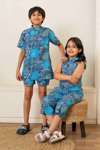Shop_Pomcha Jaipur_Blue Cotton Printed Shirt With Shorts _Online
