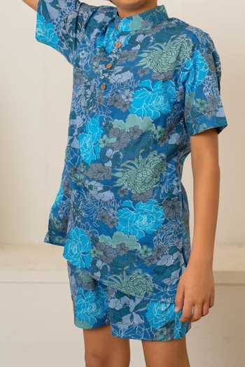 Pomcha Jaipur_Blue Cotton Printed Shirt With Shorts 