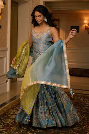 Shop_Punit Balana_Blue , Chanderi, Organza Scoop Neck The Noor Printed Kurta Gharara Set _at_Aza_Fashions
