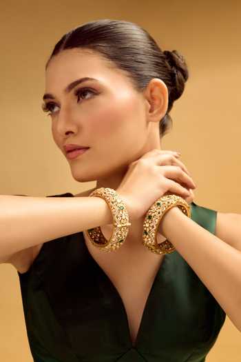 Nazaakat By Samara Singh_Gold Plated Stones, Cut Work And Green Embellished Bangles Set _at_Aza_Fashions