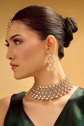 Buy_Nazaakat By Samara Singh_White Stones And Gold Decorative Jewellery Set _at_Aza_Fashions