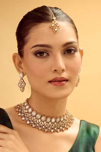 Buy_Nazaakat By Samara Singh_Gold Plated Diamonds, Stones Brass Jewellery Set _at_Aza_Fashions