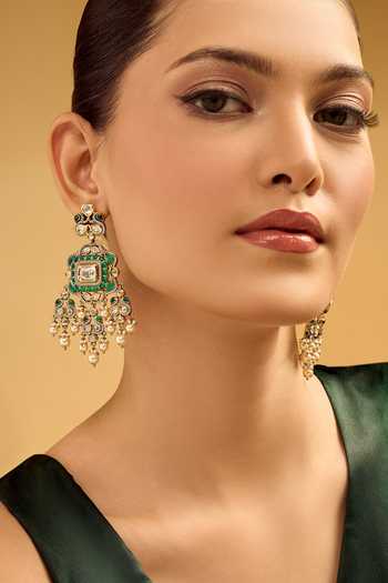 Nazaakat By Samara Singh_Green Pearls Brass Dangler Earrings _at_Aza_Fashions