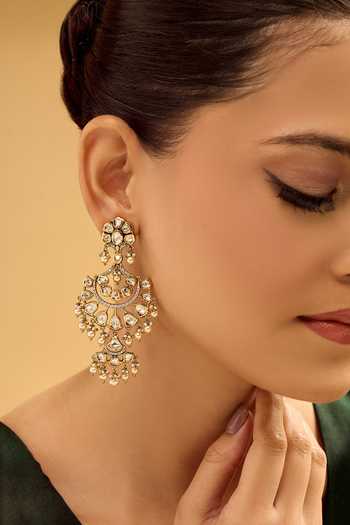 Nazaakat By Samara Singh_White Pearls And Gold Dangler Earrings _at_Aza_Fashions