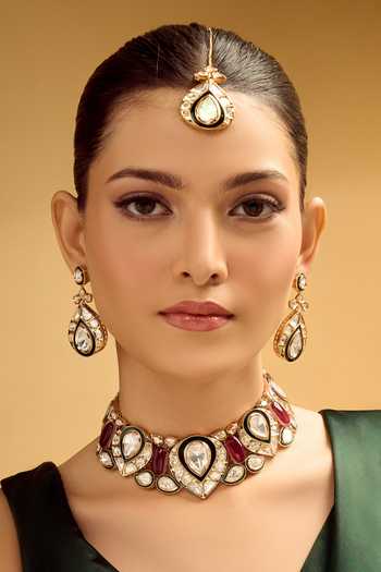 Shop_Nazaakat By Samara Singh_Red Stones And Gold Necklace Set 