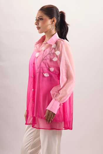 Shop_Naintara Bajaj_Pink Cotton, Organza, Silk Collared Neck Embroidered Ombre Shirt And Pant Set _Online_at_Aza_Fashions