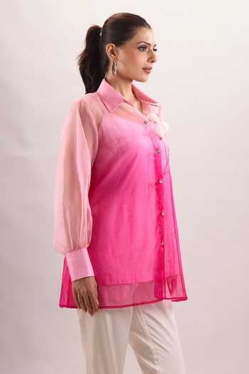 Naintara Bajaj_Pink Cotton, Organza, Silk Collared Neck Embroidered Ombre Shirt And Pant Set _at_Aza_Fashions