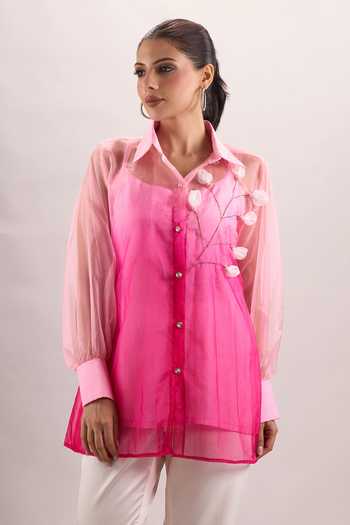 Buy_Naintara Bajaj_Pink Cotton, Organza, Silk Collared Neck Embroidered Ombre Shirt And Pant Set 
