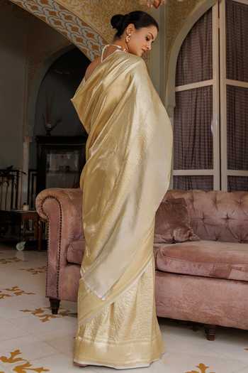 Shop_Geroo Jaipur_Gold Tissue One Shoulder Zari Work Saree Set _at_Aza_Fashions
