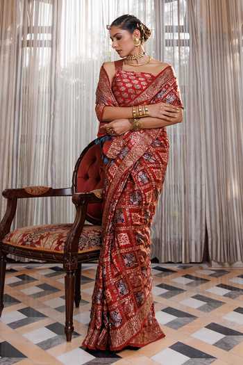 Geroo Jaipur_Maroon Silk, Modal One Shoulder Ajrakh Printed Saree Set _at_Aza_Fashions