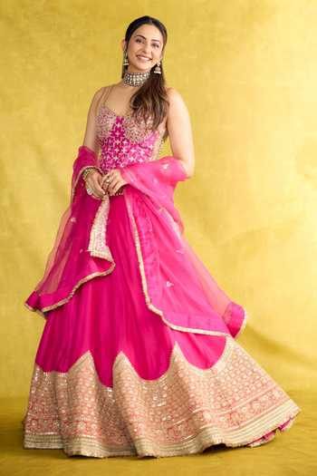 Buy_Gopi Vaid_Pink Tussar, Organza Sweetheart Neck Mariyam Embroidered Lehenga Set _at_Aza_Fashions