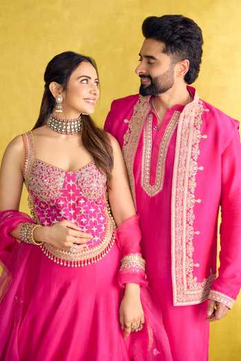 Shop_Gopi Vaid_Pink Tussar, Organza Sweetheart Neck Mariyam Embroidered Lehenga Set _at_Aza_Fashions
