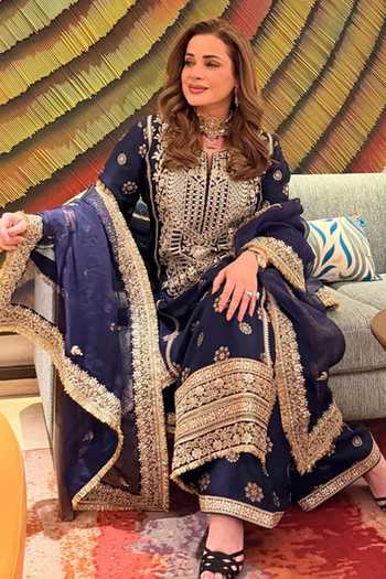 Shop_Gopi Vaid_Blue Tussar, Organza Round Neck, Yes Badusha Embroidered Kurta Palazzo Set _at_Aza_Fashions