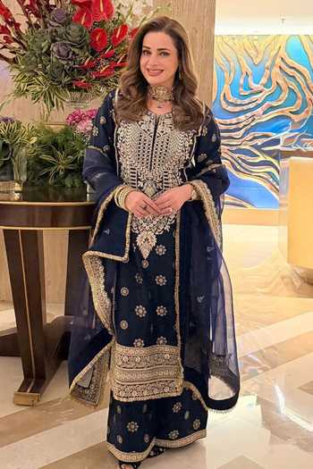 Buy_Gopi Vaid_Blue Tussar, Organza Round Neck, Yes Badusha Embroidered Kurta Palazzo Set _at_Aza_Fashions