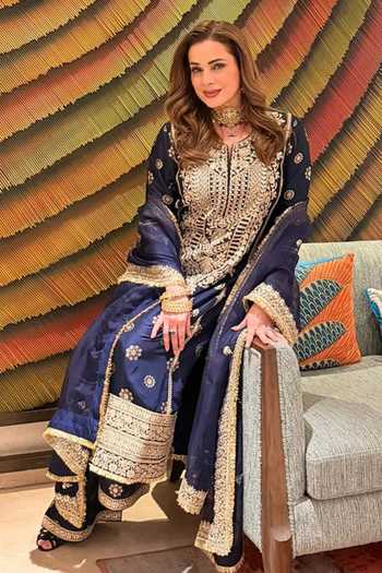 Shop_Gopi Vaid_Blue Tussar, Organza Round Neck, Yes Badusha Embroidered Kurta Palazzo Set _Online_at_Aza_Fashions