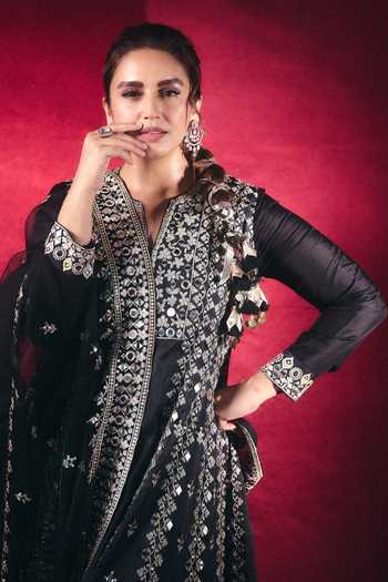 Buy_Gopi Vaid_Black Tussar, Organza Notched Neck Amiha Embroidered Anarkali Palazzo Set _Online_at_Aza_Fashions