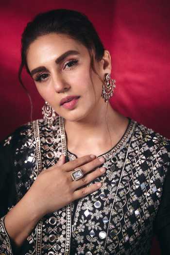 Shop_Gopi Vaid_Black Tussar, Organza Notched Neck Amiha Embroidered Anarkali Palazzo Set _Online_at_Aza_Fashions