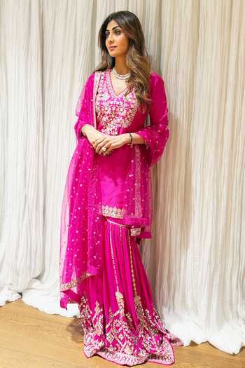 Buy_Gopi Vaid_Pink Tussar, Georgette, Net V-neck, Yes Ekantika Embroidered Kurta Sharara Set _at_Aza_Fashions