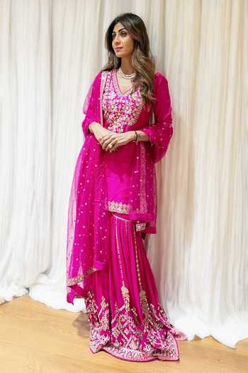 Gopi Vaid_Pink Tussar, Georgette, Net V-neck, Yes Ekantika Embroidered Kurta Sharara Set _Online_at_Aza_Fashions