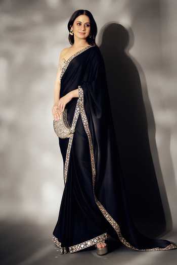 Gopi Vaid_Black Georgette Sweetheart Neck Border Embellished Saree With Blouse _at_Aza_Fashions