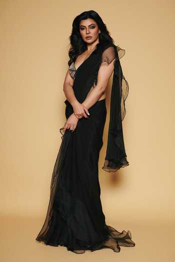 Gopi Vaid_Black Chiffon, Tussar Sweetheart Neck Ruffle Saree With Embellished Blouse _Online_at_Aza_Fashions