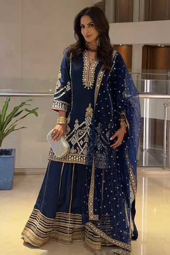 Shop_Gopi Vaid_Blue Georgette, Tussar, Silk V-neck, Yes Preesha Embroidered Kurta Sharara Set _at_Aza_Fashions