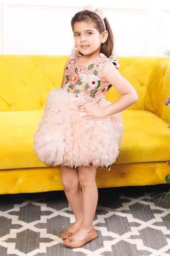 The Lush Affair_Peach Cotton, Organza, Net Embroidered Dress _Online_at_Aza_Fashions