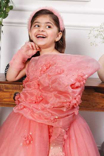 The Lush Affair_Pink Cotton, Organza, Net Beads, Pearls, Fabric Flowers Angela Gown And Gloves _Online_at_Aza_Fashions