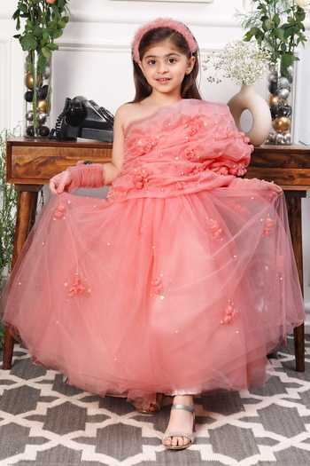 Buy_The Lush Affair_Pink Cotton, Organza, Net Beads, Pearls, Fabric Flowers Angela Gown And Gloves 