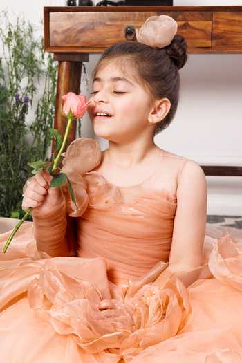 Shop_The Lush Affair_Gold Cotton, Organza, Satin, Tulle Fabric Flowers Charlene Foral Applique Gown _Online_at_Aza_Fashions