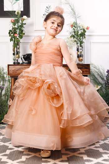 The Lush Affair_Gold Cotton, Organza, Satin, Tulle Fabric Flowers Charlene Foral Applique Gown _at_Aza_Fashions