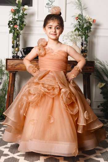 Buy_The Lush Affair_Gold Cotton, Organza, Satin, Tulle Fabric Flowers Charlene Foral Applique Gown _at_Aza_Fashions