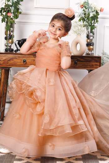 Buy_The Lush Affair_Gold Cotton, Organza, Satin, Tulle Fabric Flowers Charlene Foral Applique Gown 