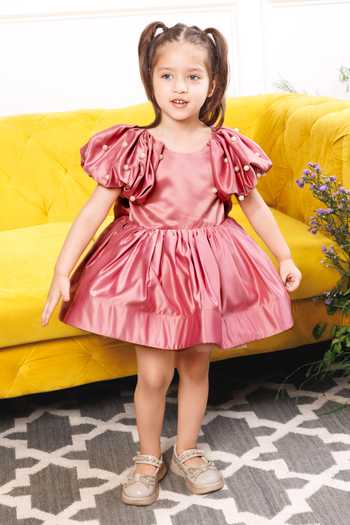 Buy_The Lush Affair_Pink Cotton, Satin, Tulle Puff Sleeve Dress _Online_at_Aza_Fashions