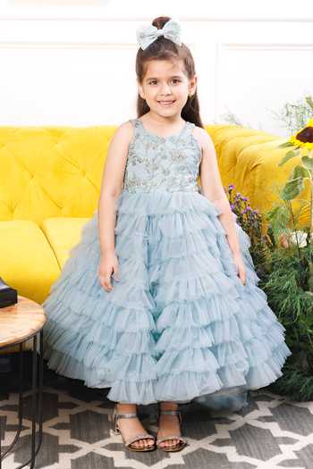 The Lush Affair_Blue Cotton, Satin, Tulle Embroidery, Sequins, Beads Sydel Gown And Trail Set _at_Aza_Fashions