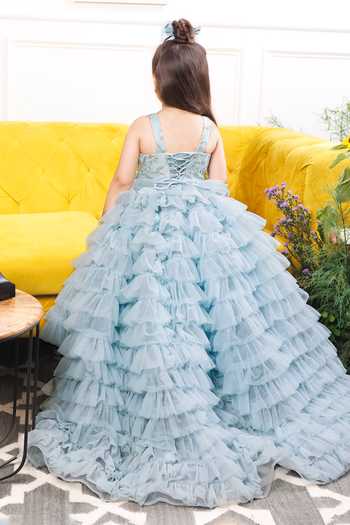 Shop_The Lush Affair_Blue Cotton, Satin, Tulle Embroidery, Sequins, Beads Sydel Gown And Trail Set _at_Aza_Fashions