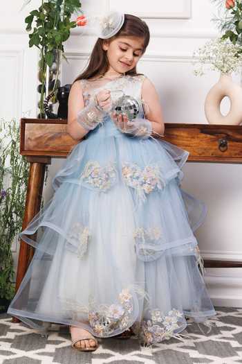 Buy_The Lush Affair_Blue Cotton, Satin, Tulle Embroidery, Beads, Pearls, Daphne Layered Gown 