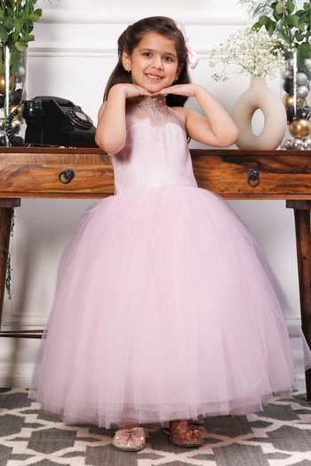 Buy_The Lush Affair_Pink Cotton, Satin, Tulle Beads, Pearls, Bows Pauline Embellished Gown _Online_at_Aza_Fashions