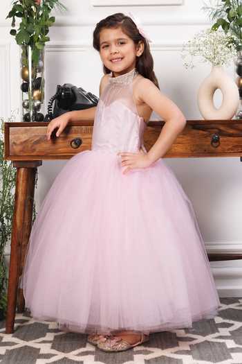 Shop_The Lush Affair_Pink Cotton, Satin, Tulle Beads, Pearls, Bows Pauline Embellished Gown _Online_at_Aza_Fashions