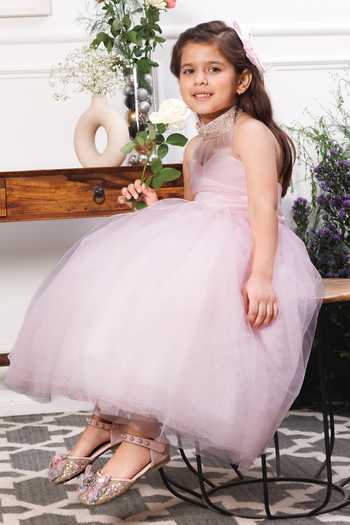 The Lush Affair_Pink Cotton, Satin, Tulle Beads, Pearls, Bows Pauline Embellished Gown _at_Aza_Fashions