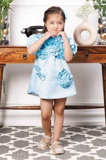 Buy_The Lush Affair_Blue Silk Satin Mulan Floral Applique Dress _Online_at_Aza_Fashions