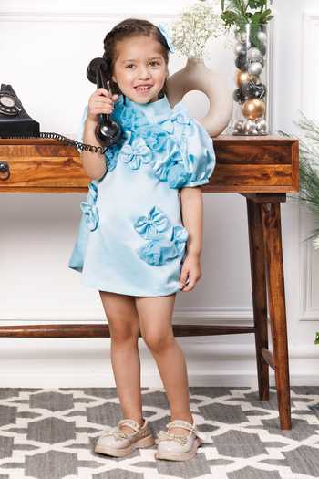 Buy_The Lush Affair_Blue Silk Satin Mulan Floral Applique Dress _at_Aza_Fashions