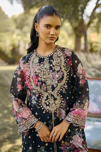 Ridhi Mehra_Black Organza, Silk Round Neck Celeste Print Kurta Set _Online_at_Aza_Fashions