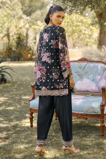 Shop_Ridhi Mehra_Black Organza, Silk Round Neck Celeste Print Kurta Set _at_Aza_Fashions