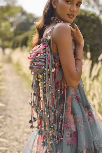 Ridhi Mehra_Blue Organza, Net Square Neck Aveline Floral Print Lehenga Set _Online_at_Aza_Fashions