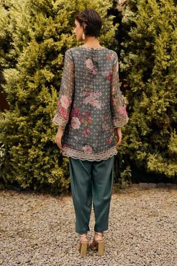 Shop_Ridhi Mehra_Green Organza, Silk Round Neck Belle Print Kurta Salwar Set _at_Aza_Fashions