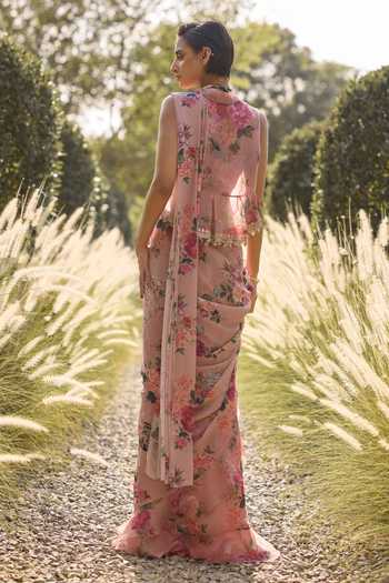 Shop_Ridhi Mehra_Pink Georgette Open Neck Ophelia Floral Print Saree Set With Jacket _at_Aza_Fashions