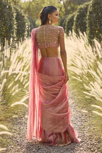 Shop_Ridhi Mehra_Pink Tissue Round Neck Estelle Pre-draped Saree And Embroidered Blouse Set _at_Aza_Fashions