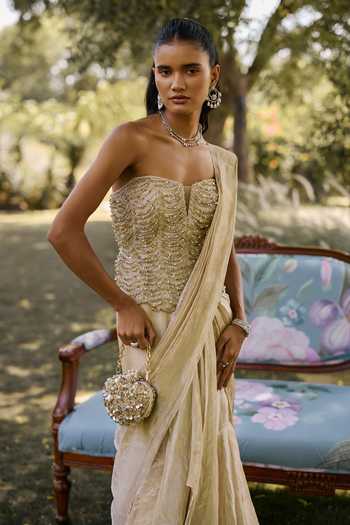 Shop_Ridhi Mehra_Gold Tissue, Net Embroidery Sweetheart The Era Pre-draped Saree With Corset _at_Aza_Fashions